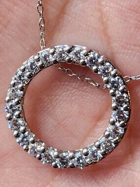 925 Solid Pavé Circle Eternity Halo Pendant Necklace 18" VTG